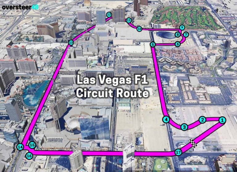 Detailní mapa okruhu Las Vegas Grand Prix se zobrazením ulic a zatáček.